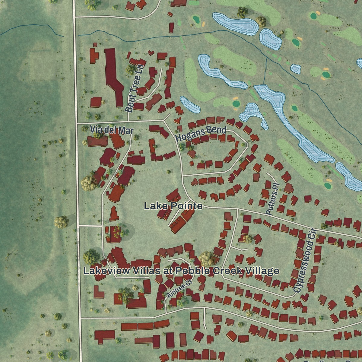 Second close-up of the map of Pebble Creek, Florida print showing more streets and buildings