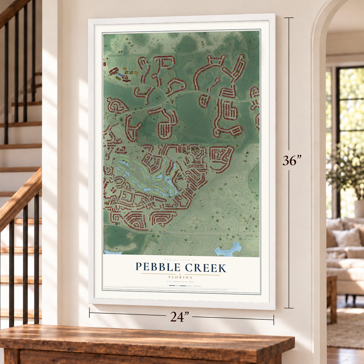 Pebble Creek, Florida map, 24 x 36 inch print in a white frame by a staircase