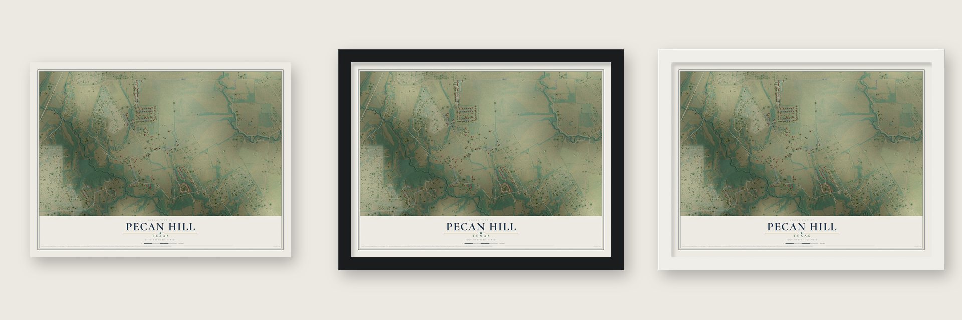 Pecan Hill, Texas map unframed, in a black wood frame and in a white wood frame
