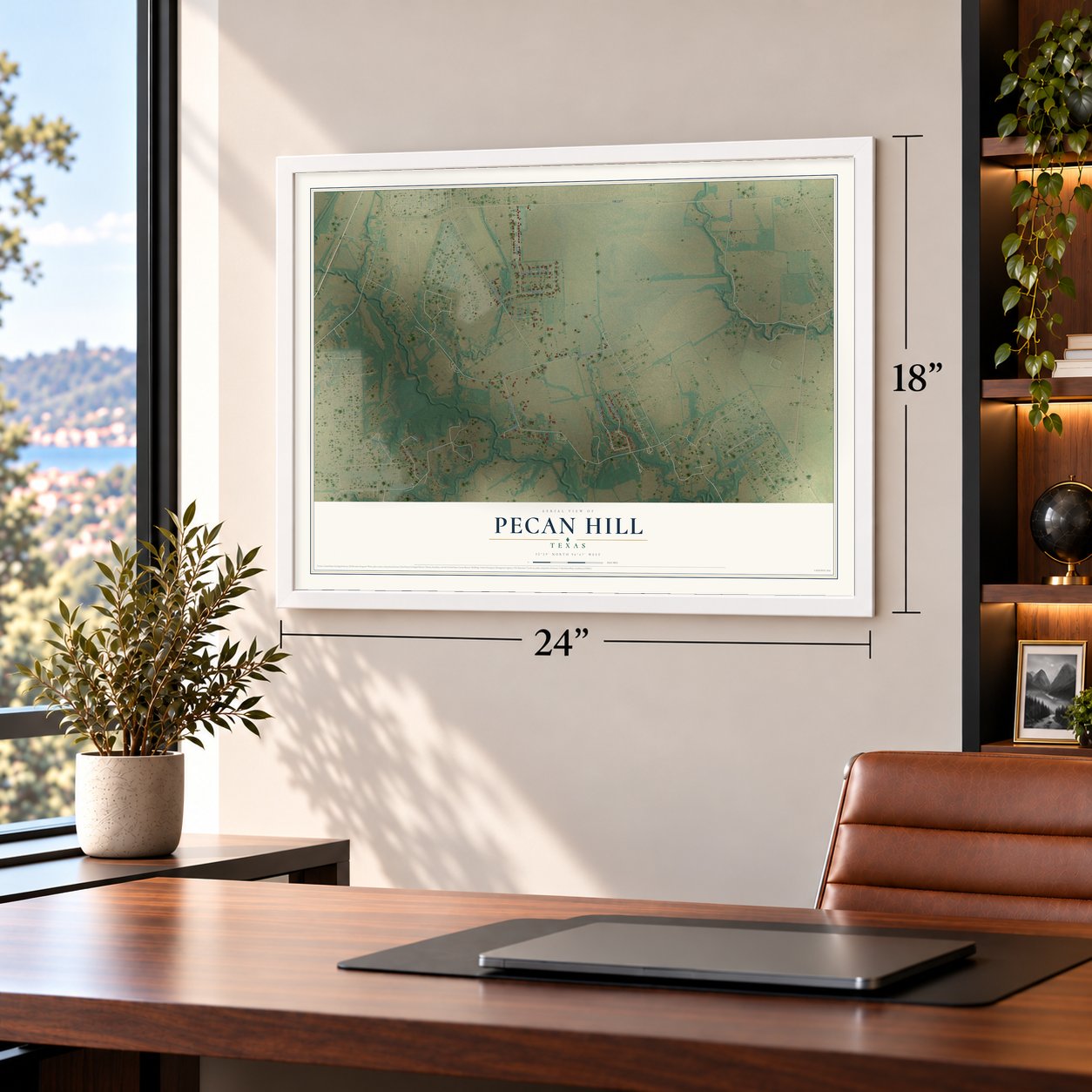 Pecan Hill, Texas map, 18 x 24 inch print in a white frame in a home office