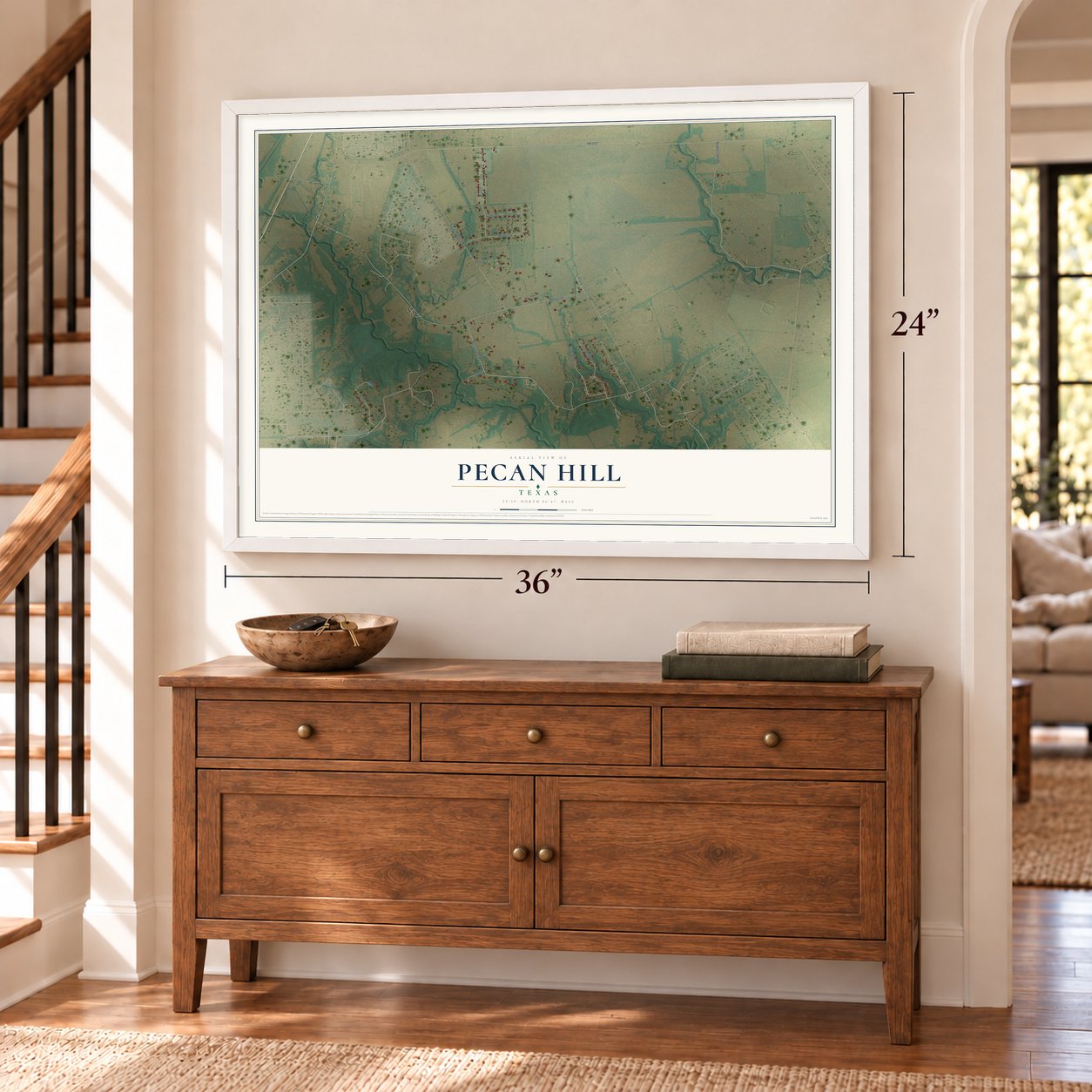 Pecan Hill, Texas map, 24 x 36 inch print in a white frame above a dresser by a staircase