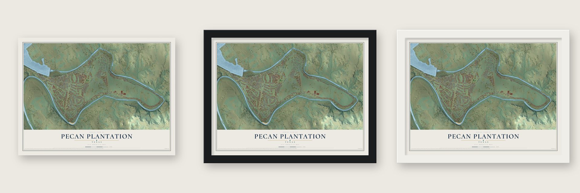 Pecan Plantation, Texas map unframed, in a black wood frame and in a white wood frame