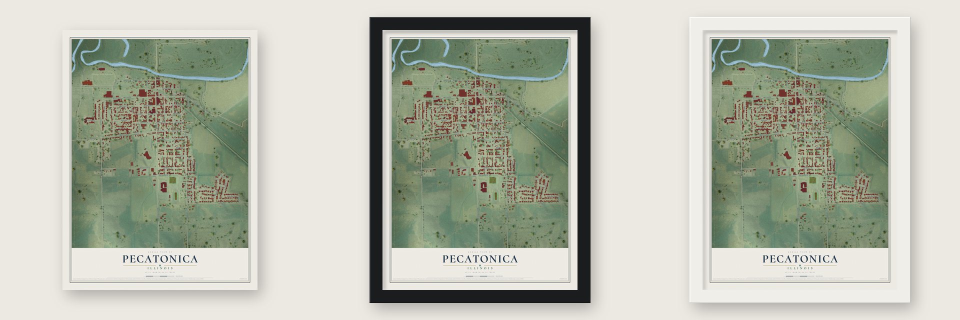 Pecatonica, Illinois map unframed, in a black wood frame and in a white wood frame