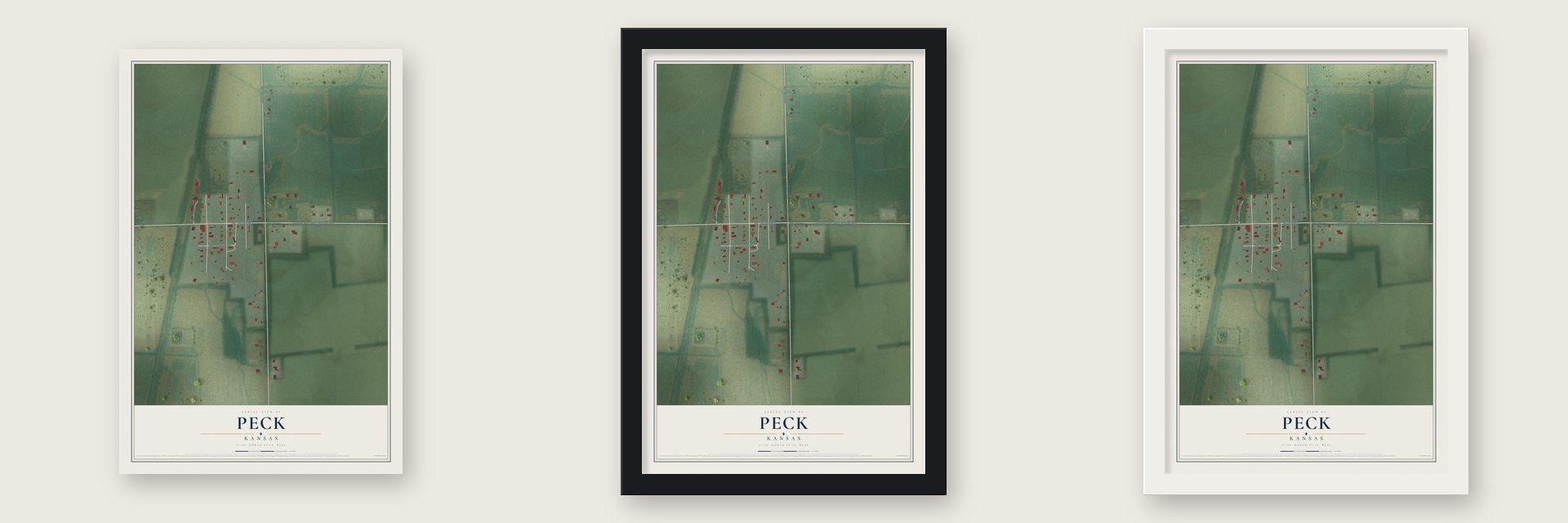 Peck, Kansas map unframed, in a black wood frame and in a white wood frame