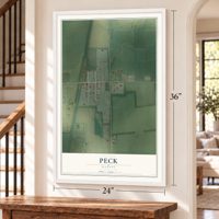 Peck, Kansas map, 24 x 36 inch print in a white frame by a staircase