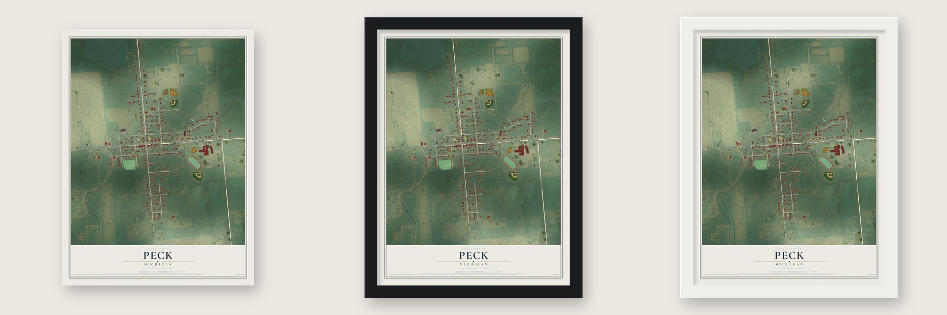 Peck, Michigan map unframed, in a black wood frame and in a white wood frame