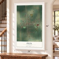 Peck, Michigan map, 24 x 36 inch print in a white frame by a staircase