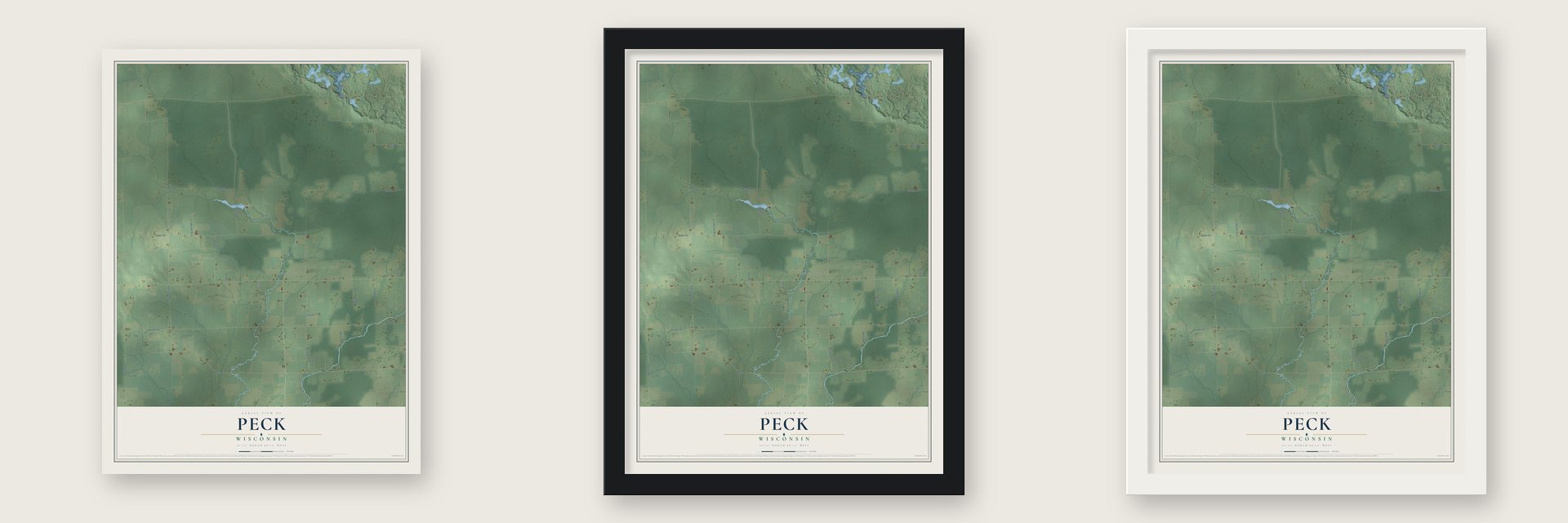 Peck, Wisconsin map unframed, in a black wood frame and in a white wood frame