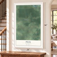 Peck, Wisconsin map, 24 x 36 inch print in a white frame by a staircase