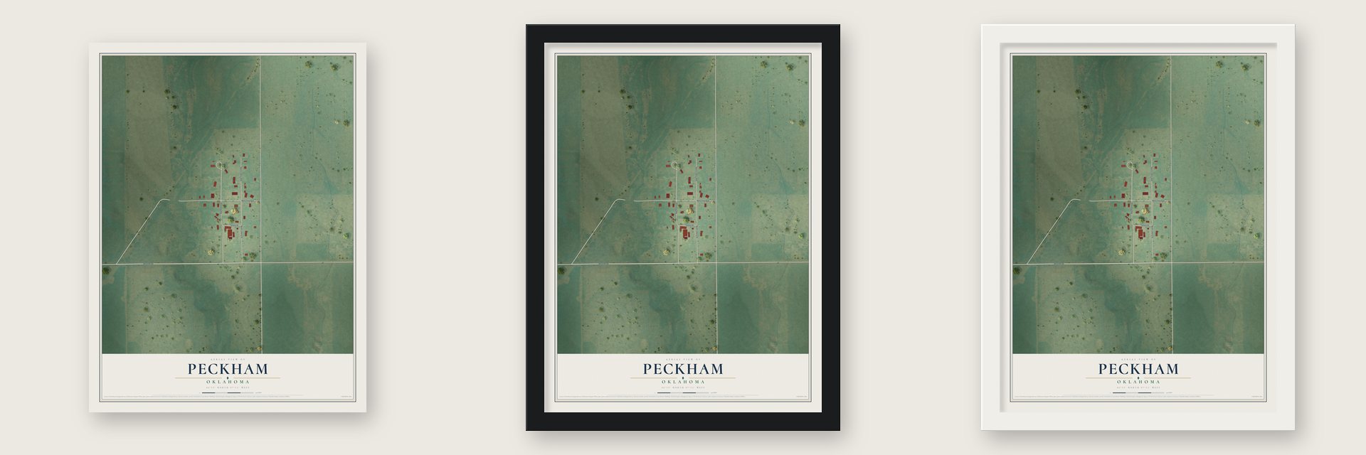 Peckham, Oklahoma map unframed, in a black wood frame and in a white wood frame