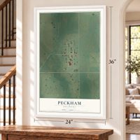Peckham, Oklahoma map, 24 x 36 inch print in a white frame by a staircase