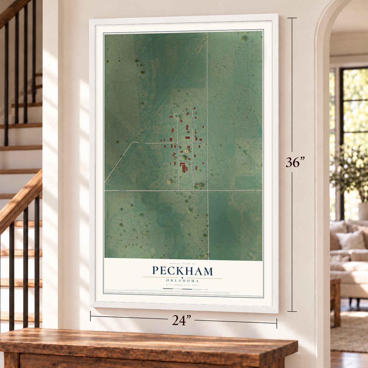 Peckham, Oklahoma map, 24 x 36 inch print in a white frame by a staircase