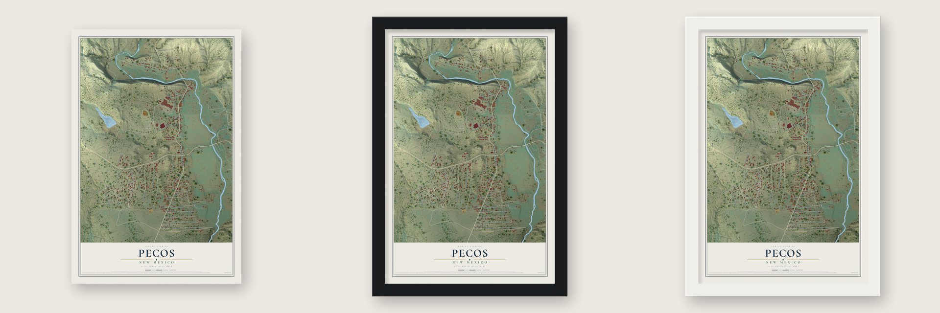 Pecos, New Mexico map unframed, in a black wood frame and in a white wood frame