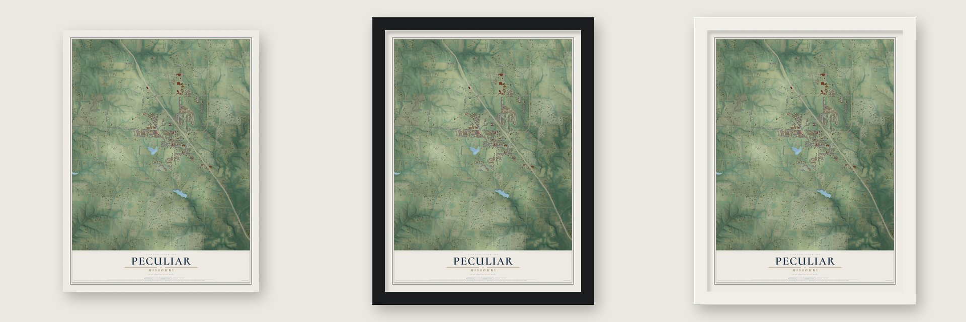 Peculiar, Missouri map unframed, in a black wood frame and in a white wood frame