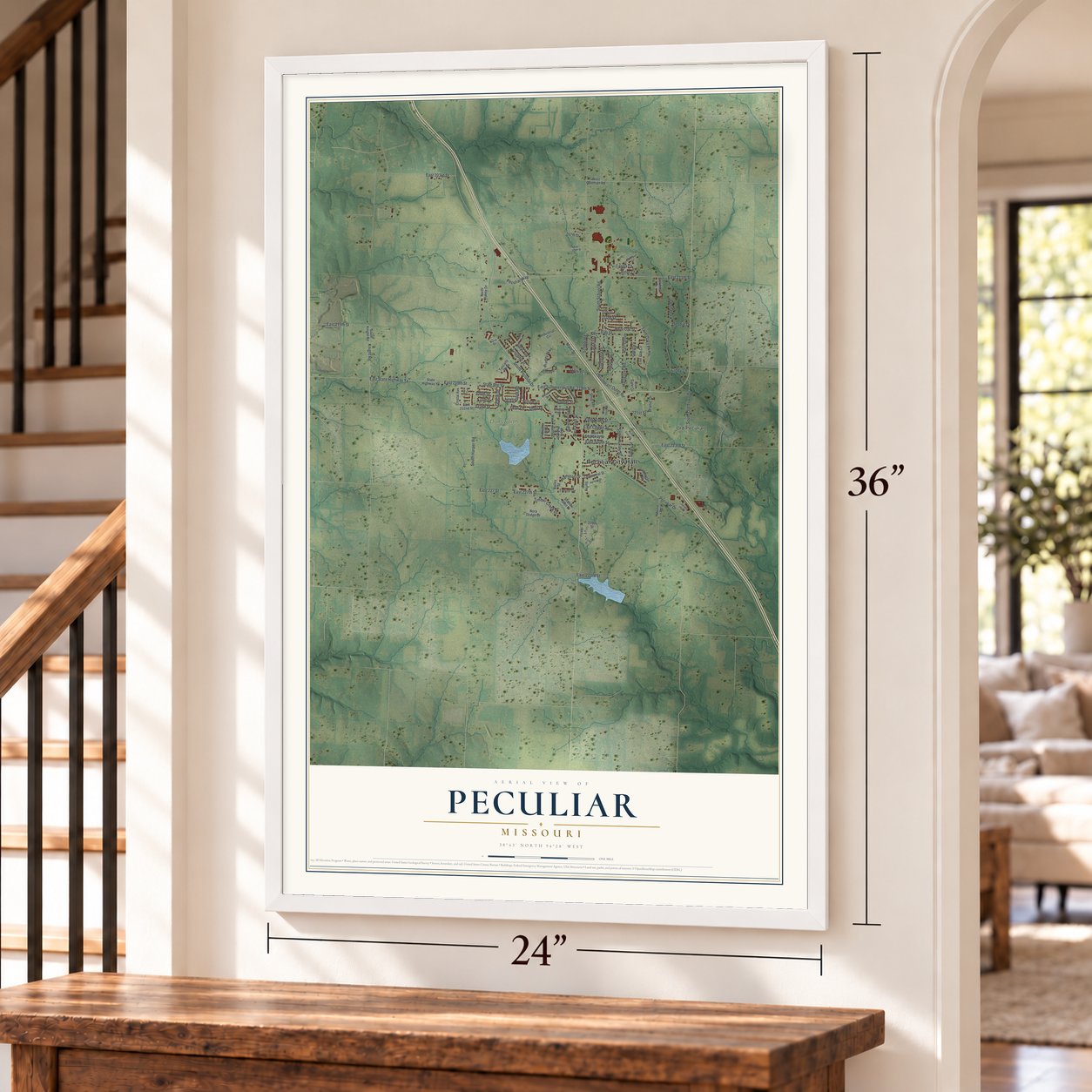 Peculiar, Missouri map, 24 x 36 inch print in a white frame by a staircase