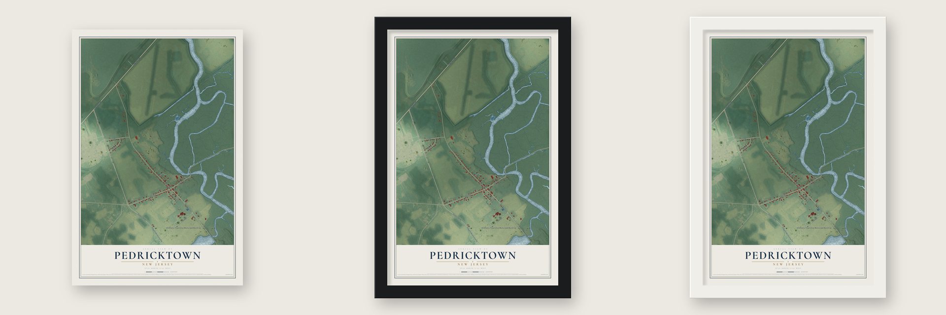 Pedricktown, New Jersey map unframed, in a black wood frame and in a white wood frame