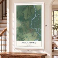 Pedricktown, New Jersey map, 24 x 36 inch print in a white frame by a staircase