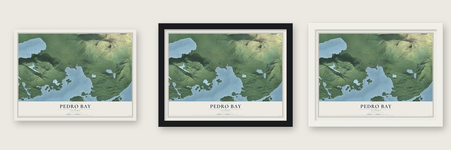 Pedro Bay, Alaska map unframed, in a black wood frame and in a white wood frame