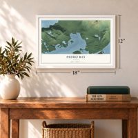 Pedro Bay, Alaska map, 12 x 18 inch print in a white frame in an entryway