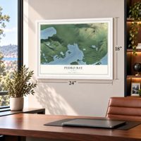 Pedro Bay, Alaska map, 18 x 24 inch print in a white frame in a home office