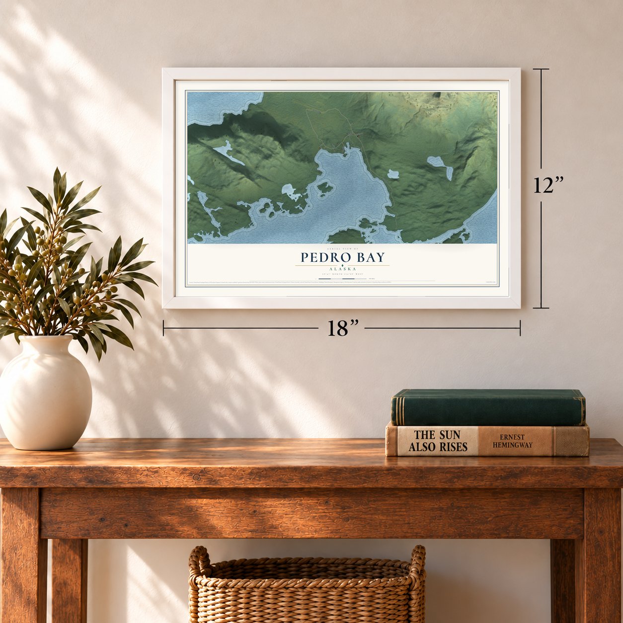 Pedro Bay, Alaska map, 12 x 18 inch print in a white frame in an entryway