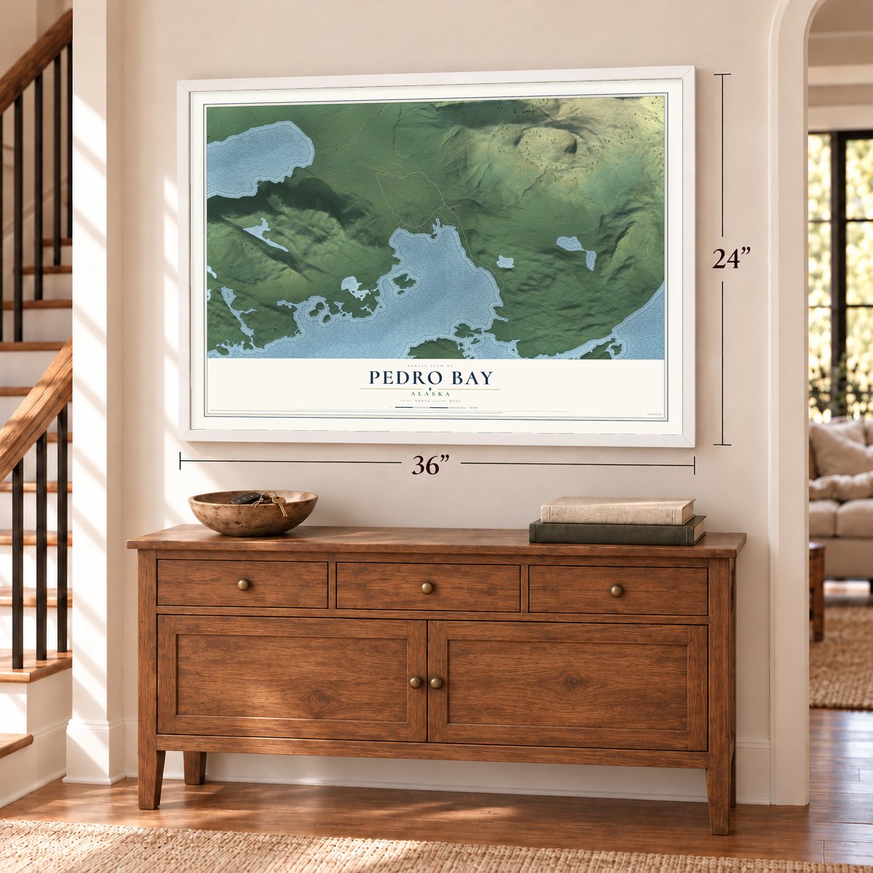 Pedro Bay, Alaska map, 24 x 36 inch print in a white frame above a dresser by a staircase