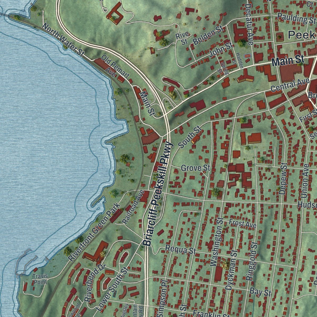 Second close-up of the map of Peekskill, New York print showing more streets and buildings