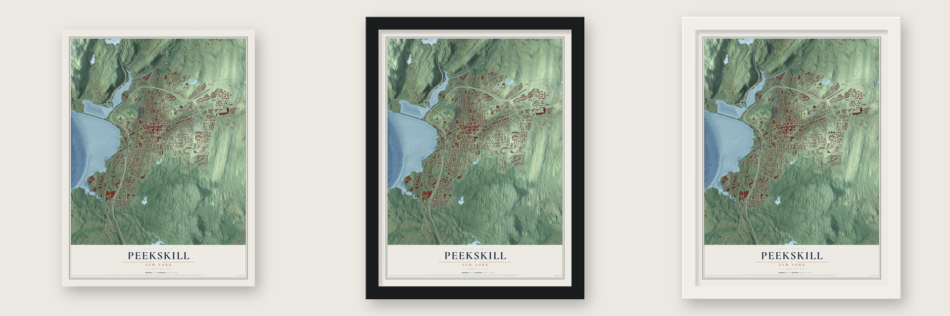 Peekskill, New York map unframed, in a black wood frame and in a white wood frame