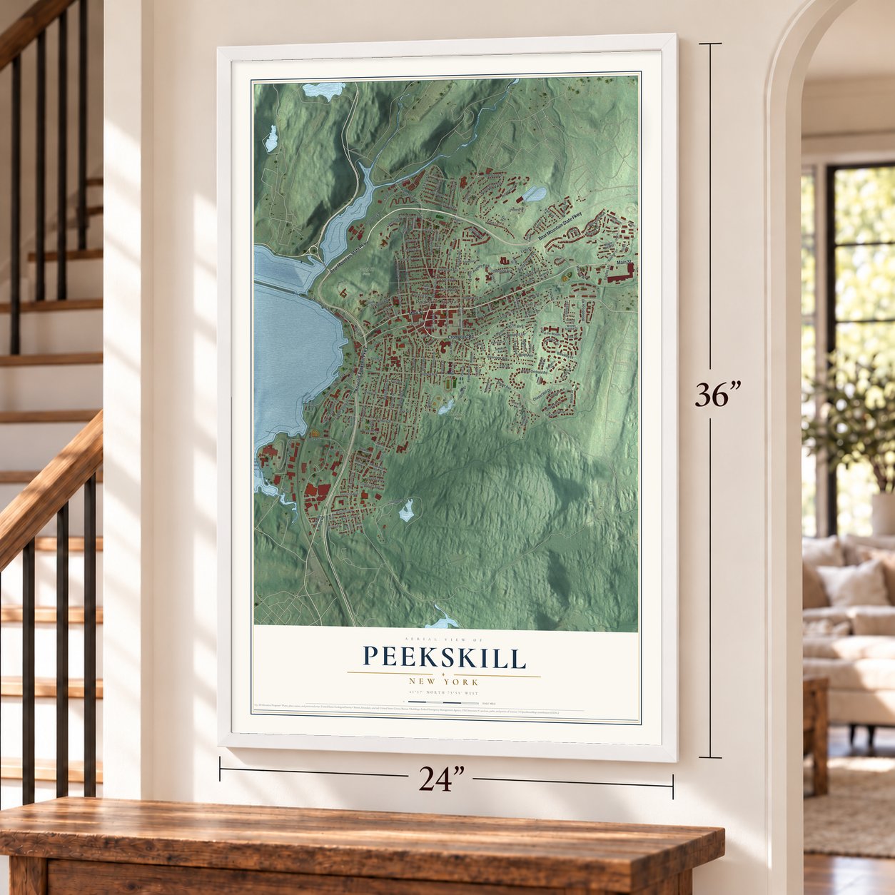 Peekskill, New York map, 24 x 36 inch print in a white frame by a staircase