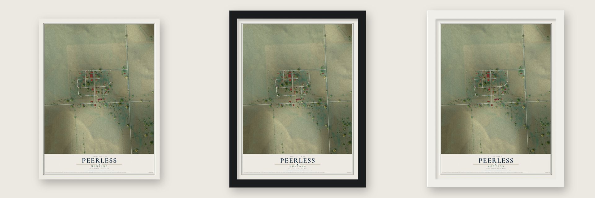 Peerless, Montana map unframed, in a black wood frame and in a white wood frame