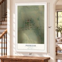 Peerless, Montana map, 24 x 36 inch print in a white frame by a staircase