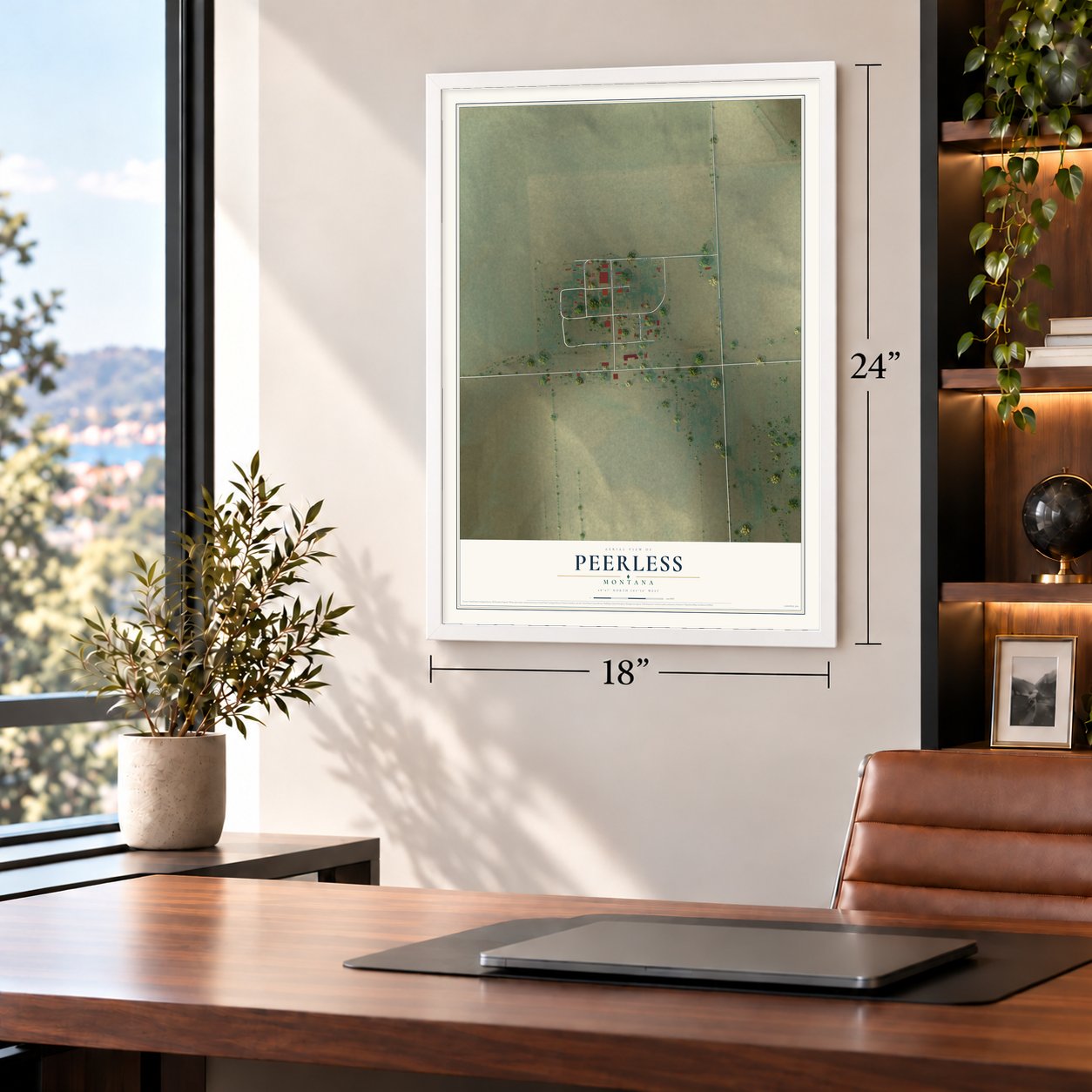 Peerless, Montana map, 18 x 24 inch print in a white frame in a home office