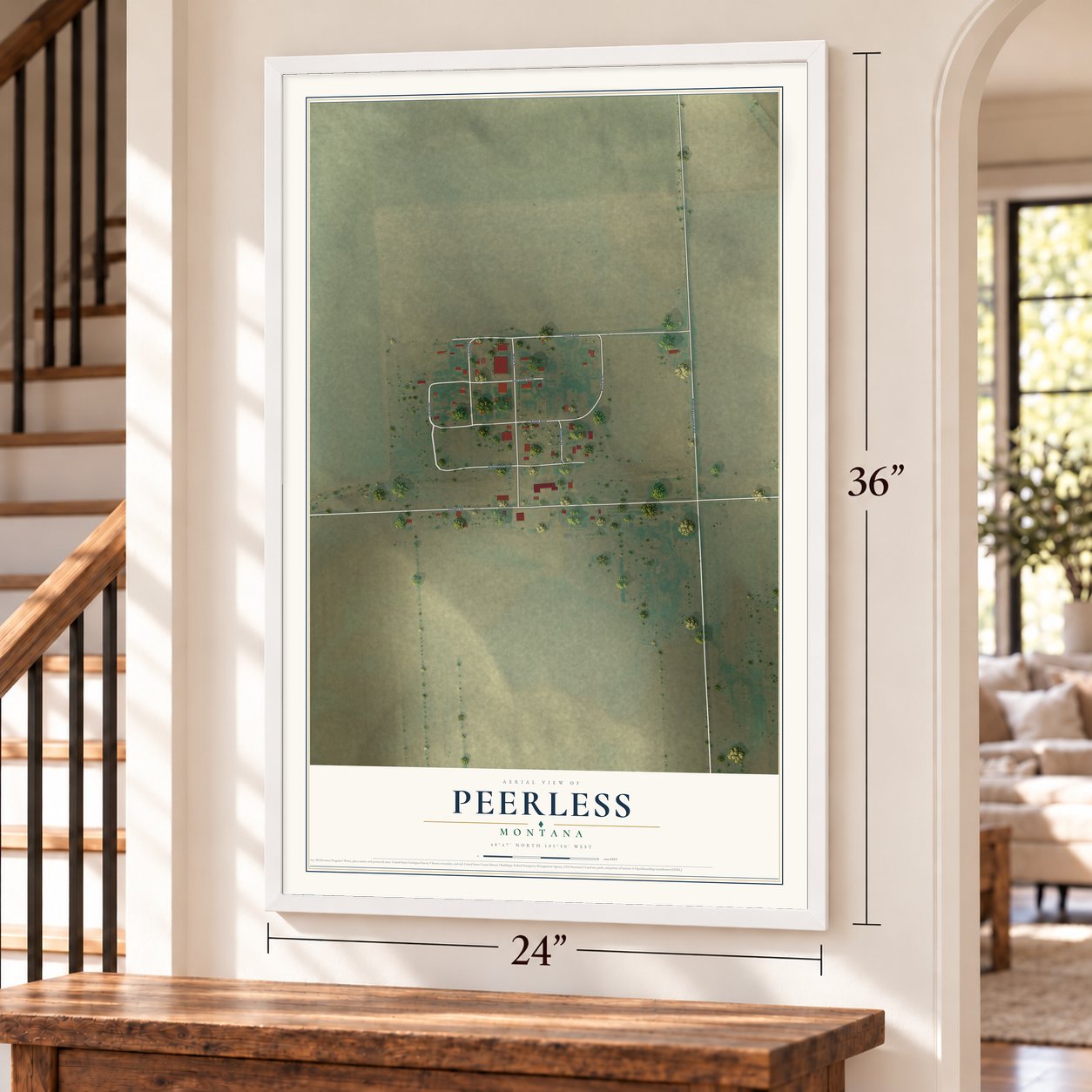 Peerless, Montana map, 24 x 36 inch print in a white frame by a staircase