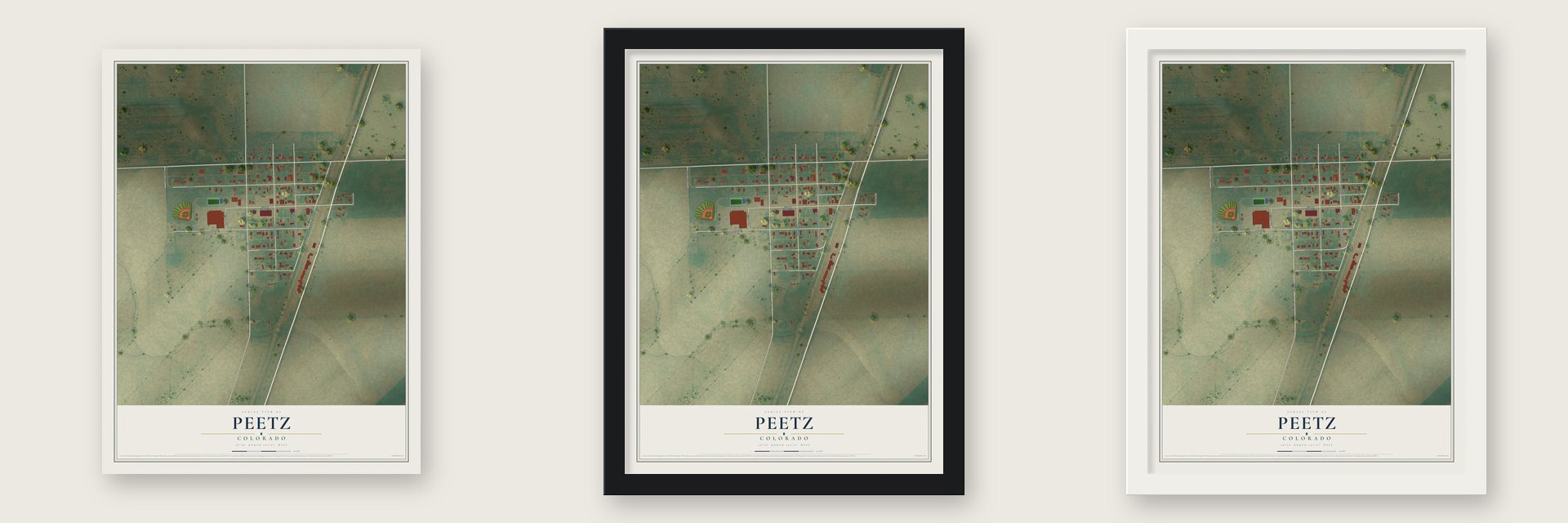 Peetz, Colorado map unframed, in a black wood frame and in a white wood frame