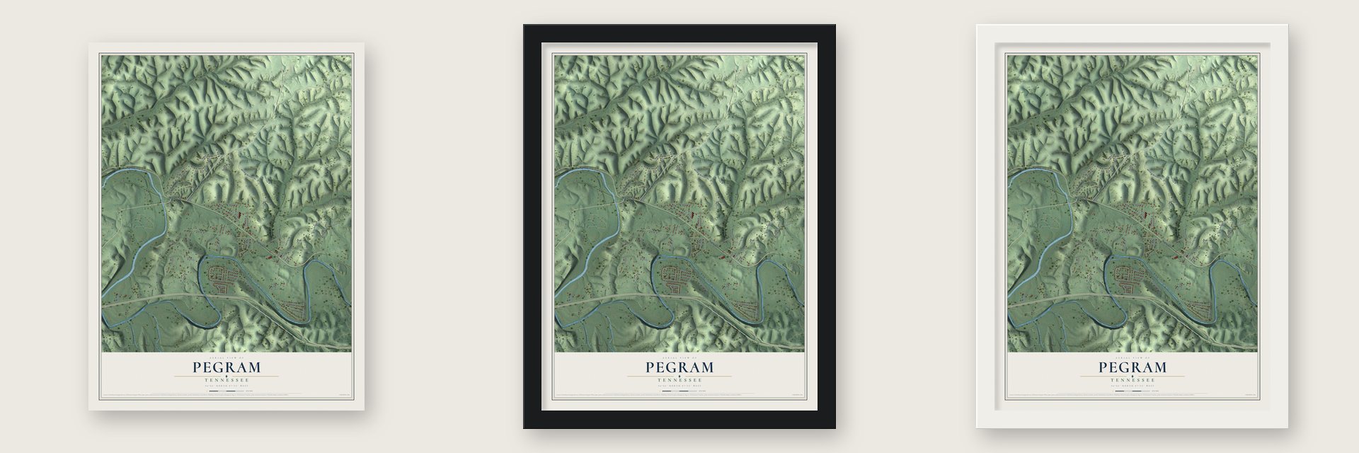 Pegram, Tennessee map unframed, in a black wood frame and in a white wood frame