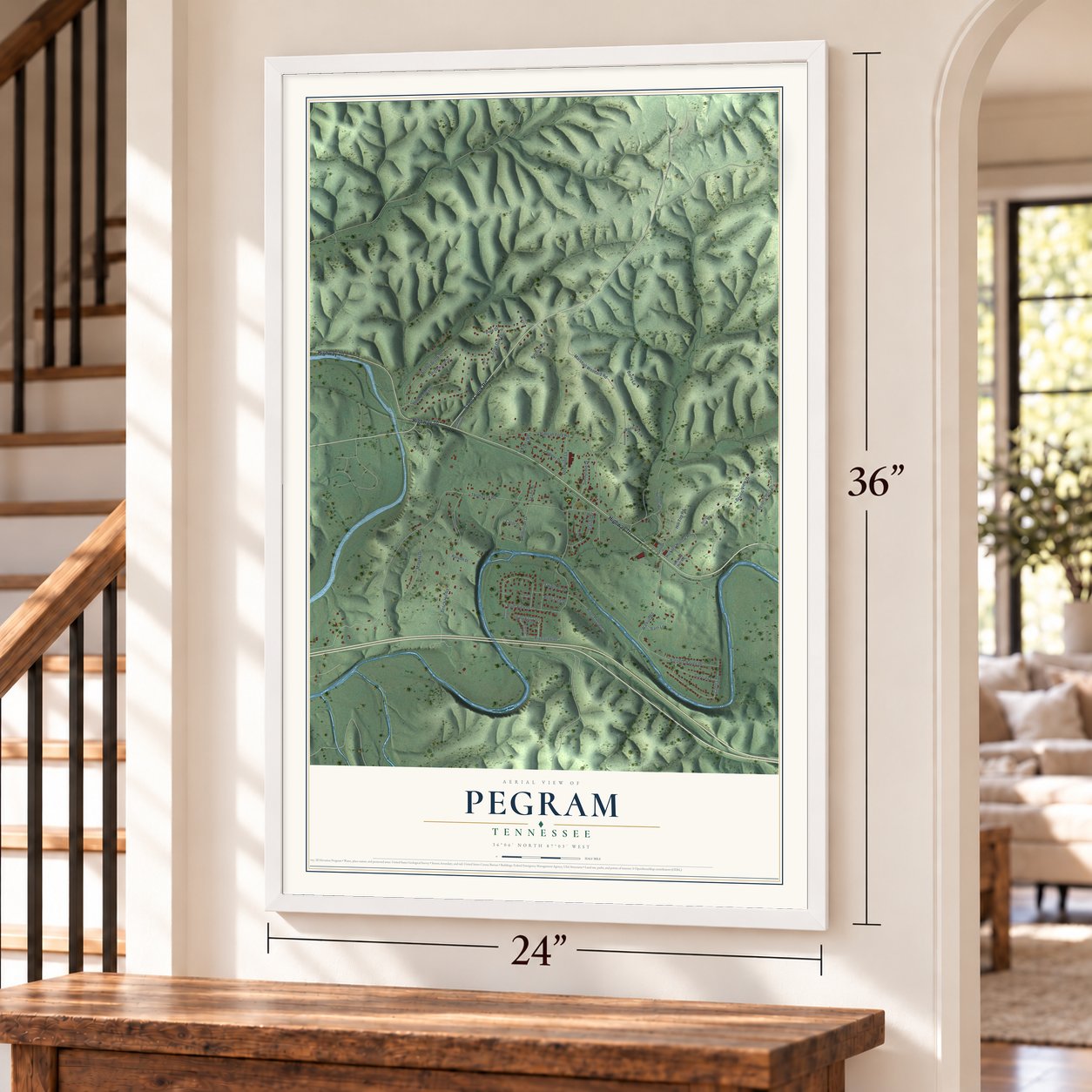 Pegram, Tennessee map, 24 x 36 inch print in a white frame by a staircase