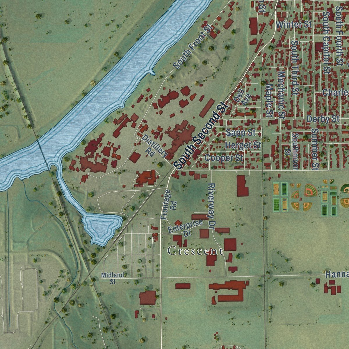 Second close-up of the map of Pekin, Illinois print showing more streets and buildings