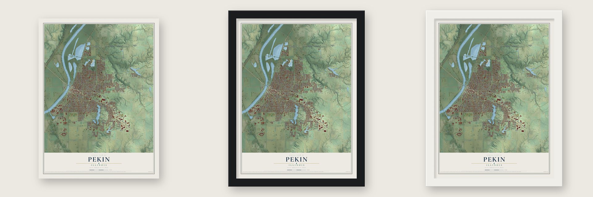Pekin, Illinois map unframed, in a black wood frame and in a white wood frame