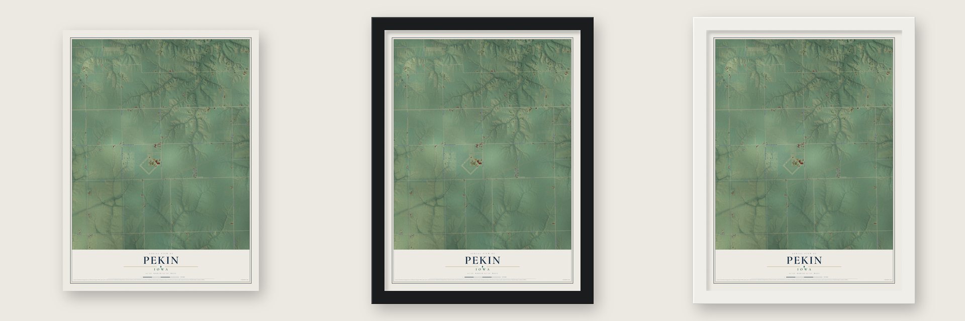 Pekin, Iowa map unframed, in a black wood frame and in a white wood frame
