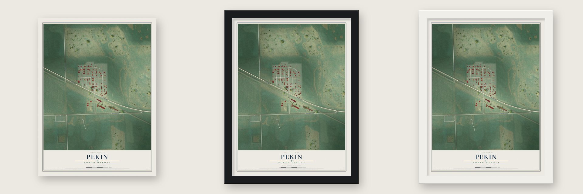 Pekin, North Dakota map unframed, in a black wood frame and in a white wood frame