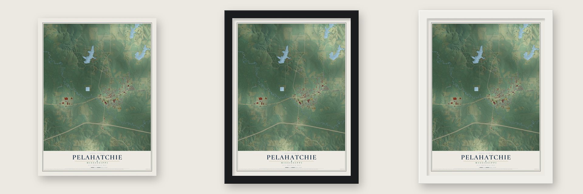 Pelahatchie, Mississippi map unframed, in a black wood frame and in a white wood frame