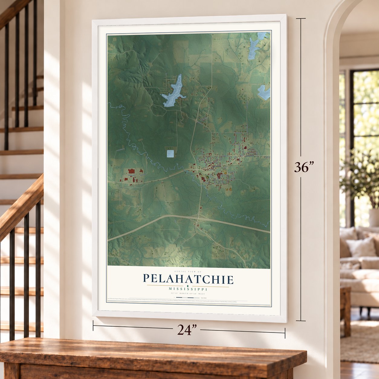 Pelahatchie, Mississippi map, 24 x 36 inch print in a white frame by a staircase