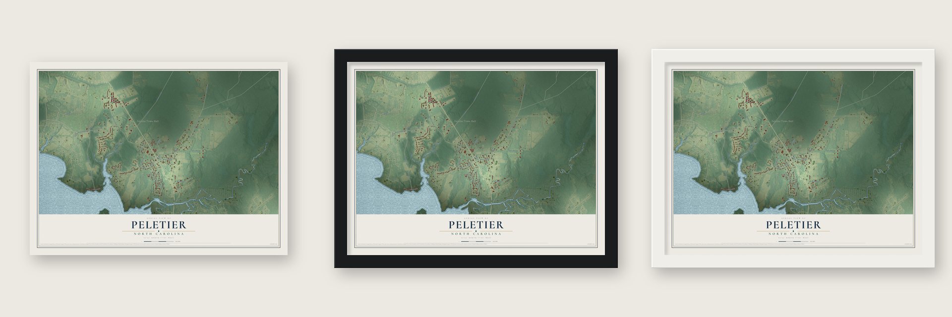 Peletier, North Carolina map unframed, in a black wood frame and in a white wood frame