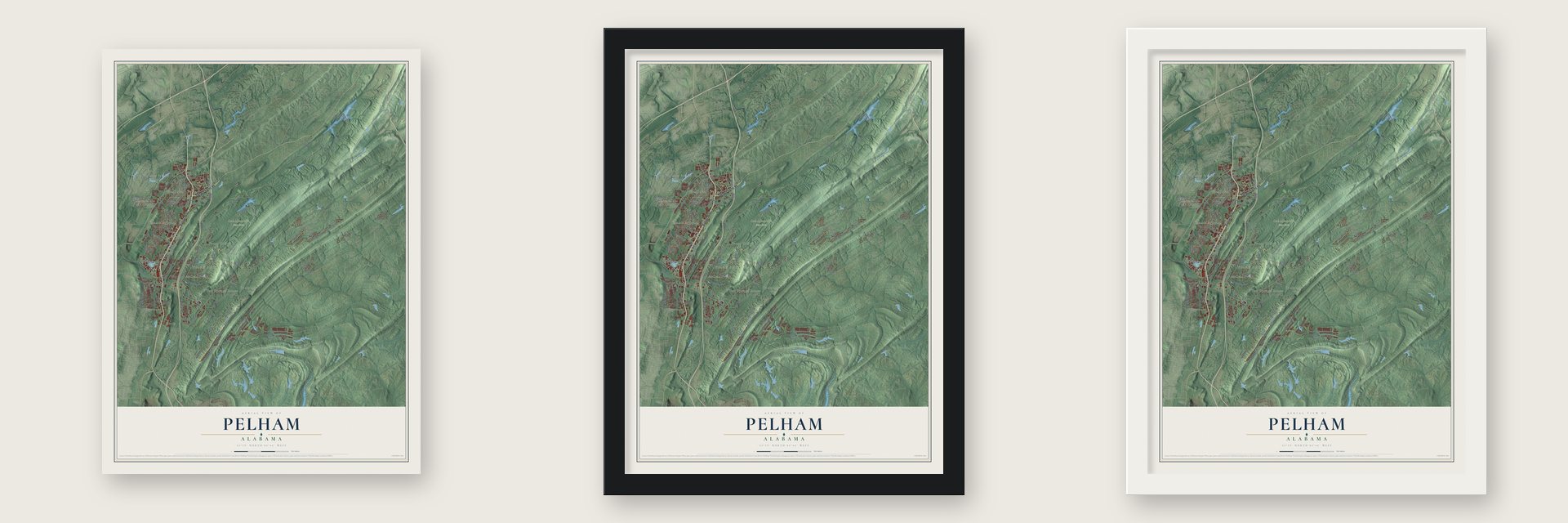 Pelham, Alabama map unframed, in a black wood frame and in a white wood frame