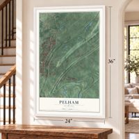 Pelham, Alabama map, 24 x 36 inch print in a white frame by a staircase