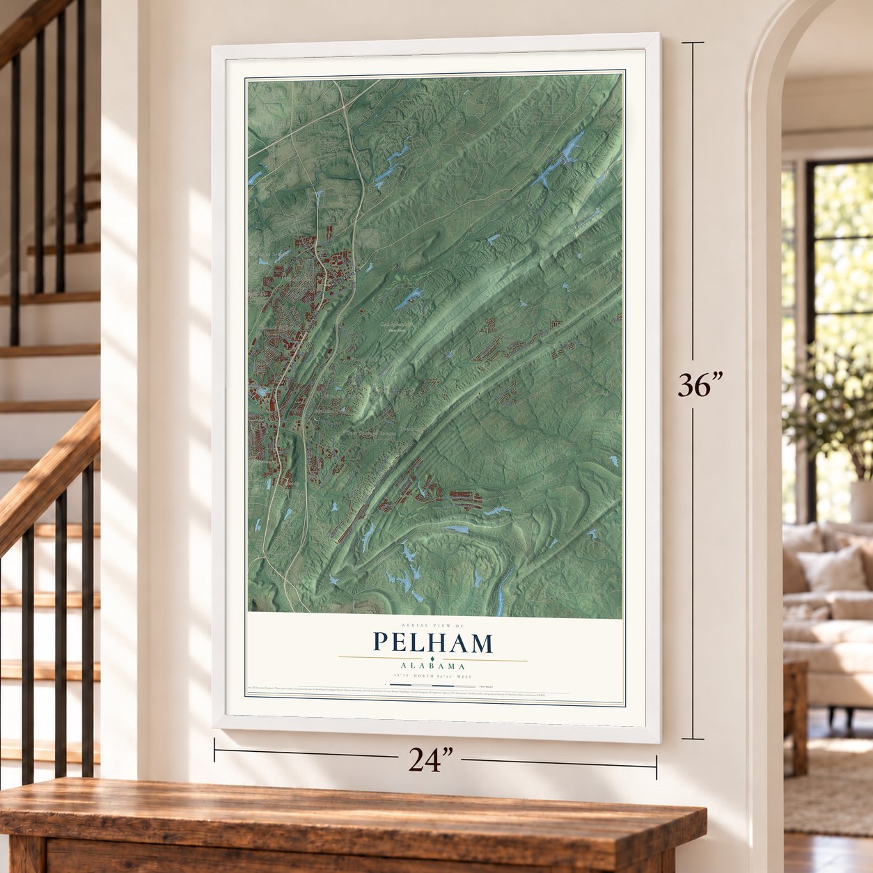 Pelham, Alabama map, 24 x 36 inch print in a white frame by a staircase