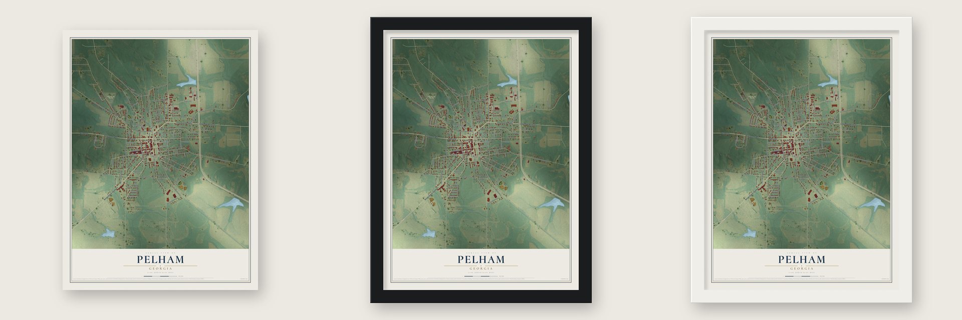 Pelham, Georgia map unframed, in a black wood frame and in a white wood frame