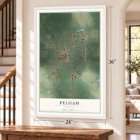 Pelham, Georgia map, 24 x 36 inch print in a white frame by a staircase