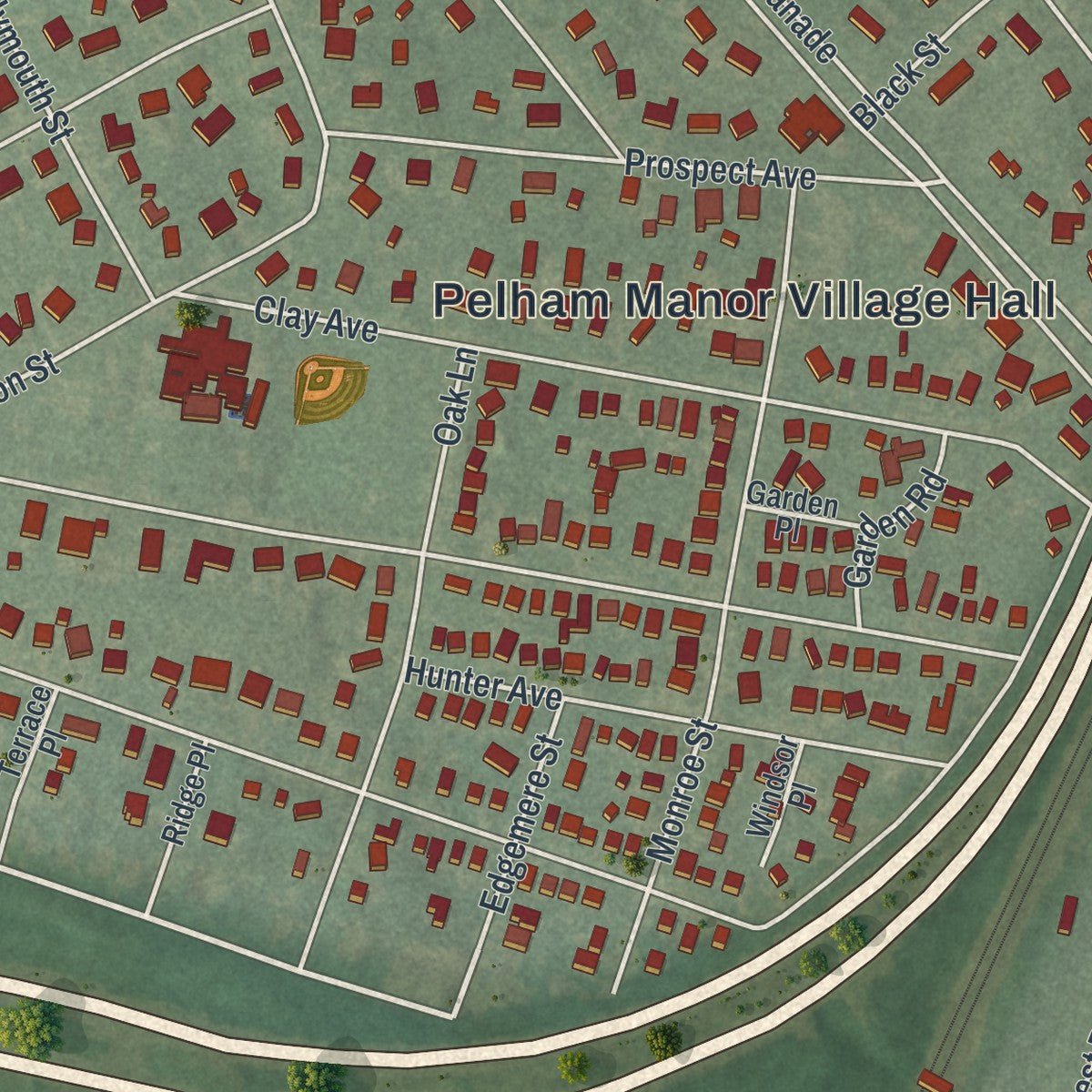 Second close-up of the map of Pelham Manor, New York print showing more streets and buildings