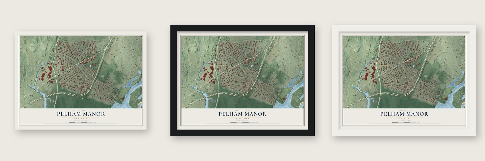 Pelham Manor, New York map unframed, in a black wood frame and in a white wood frame